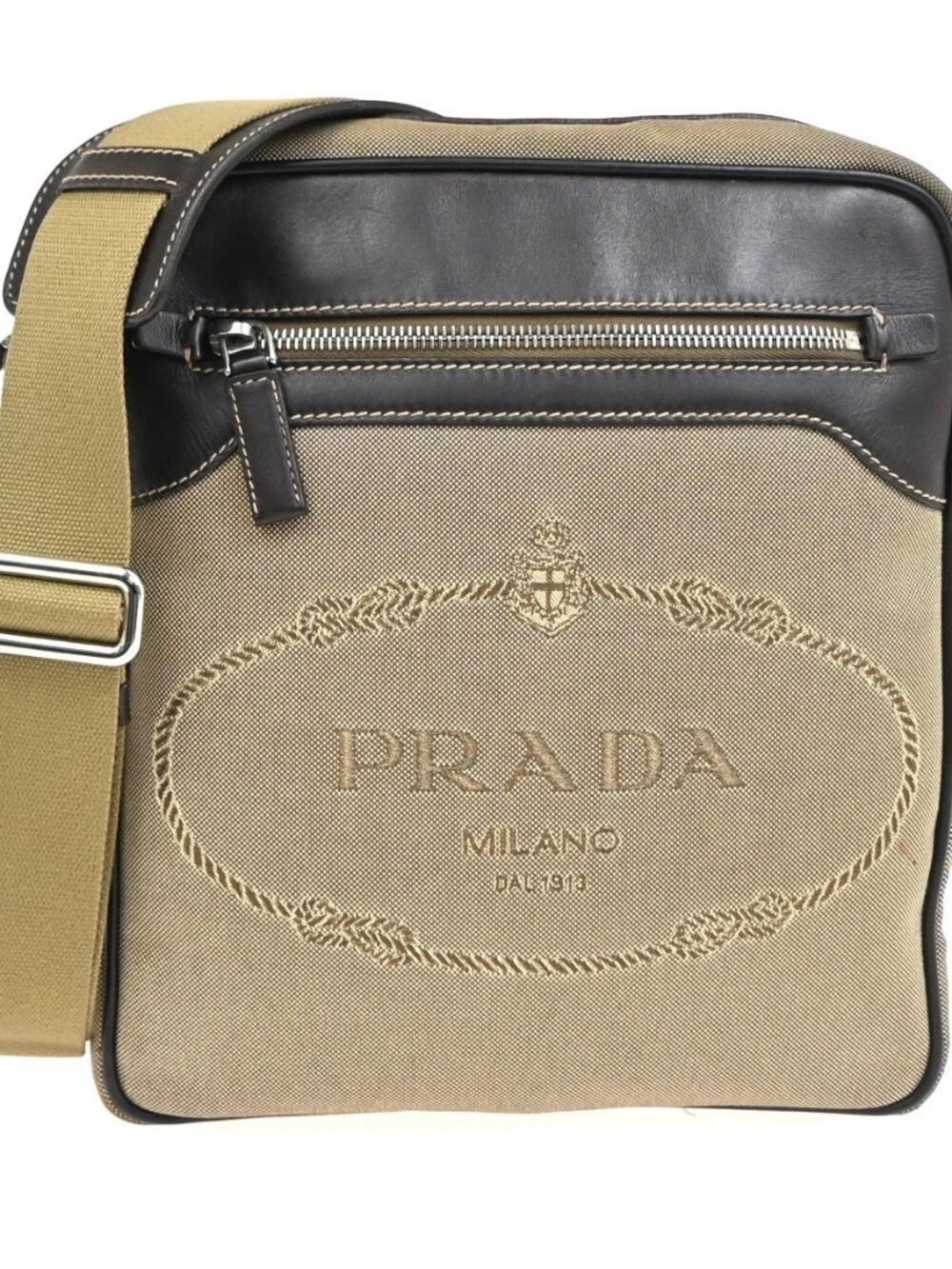 PRADA MILANO Logo Jacquard Shoulder Bag Leather Canvas Beige Brown 84KD435